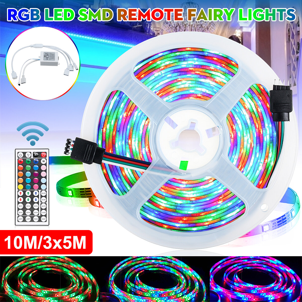 DC12V 3X5M/10M LED Strip Light Non-waterproof 3528 RGB Tape Lamp for Room TV Party Bar + Remote Cont