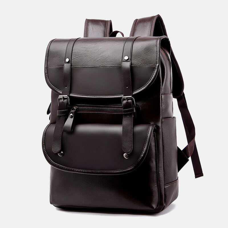 Men PU Leather Hasp Large Capacity Backpack Multi-pocket Waterproof 15.6 Inch Laptop Bag Fashion Wild Travel Bag