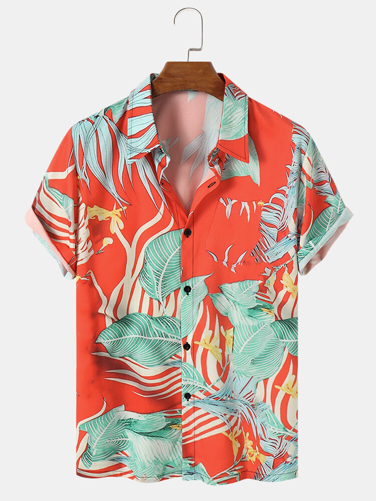Heren tropische bladeren print contrast kleur korte mouwen shirts