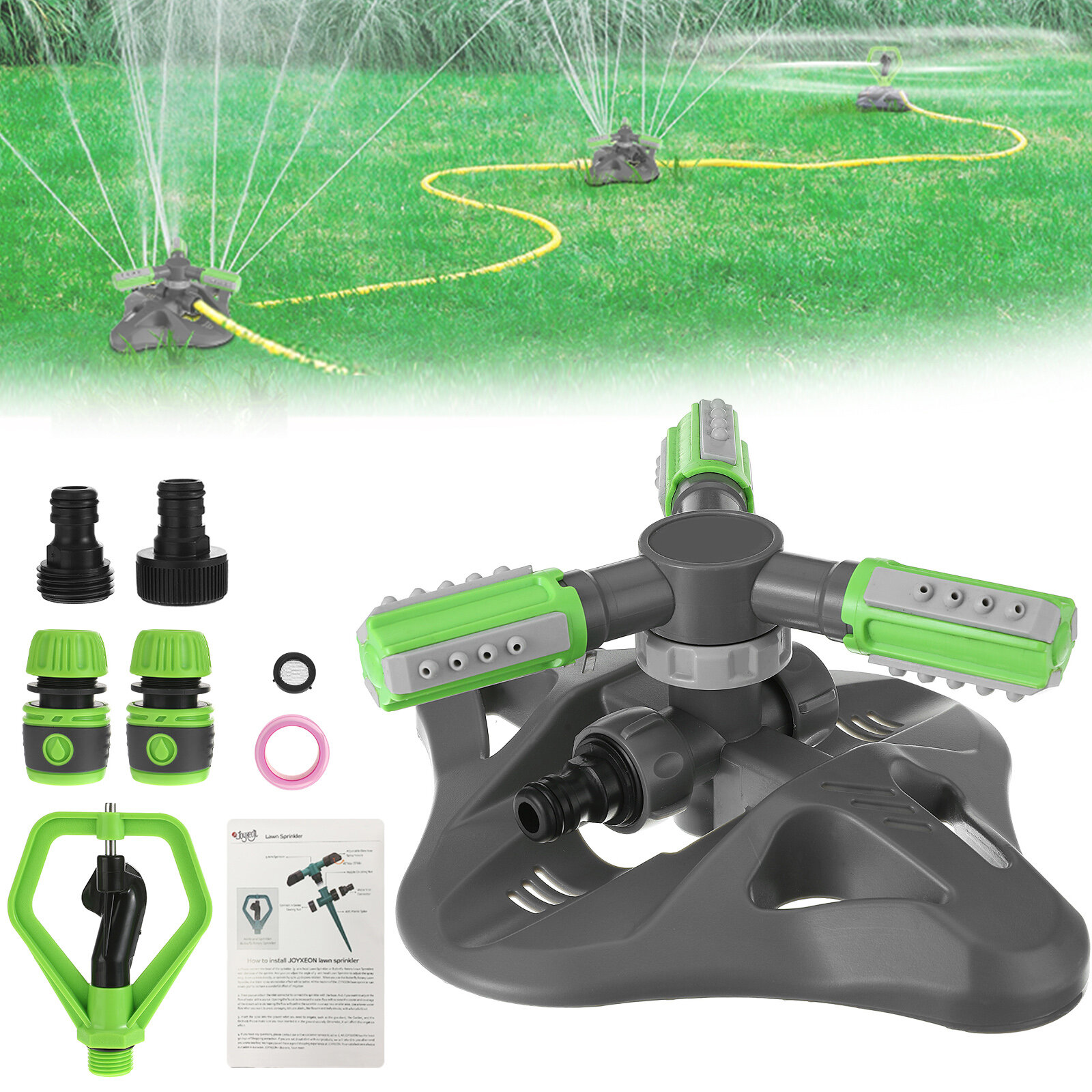 JOYXEON 360? Rotating 3 Arm Lawn Sprinkler Set 3-mode Garden Sprinkler