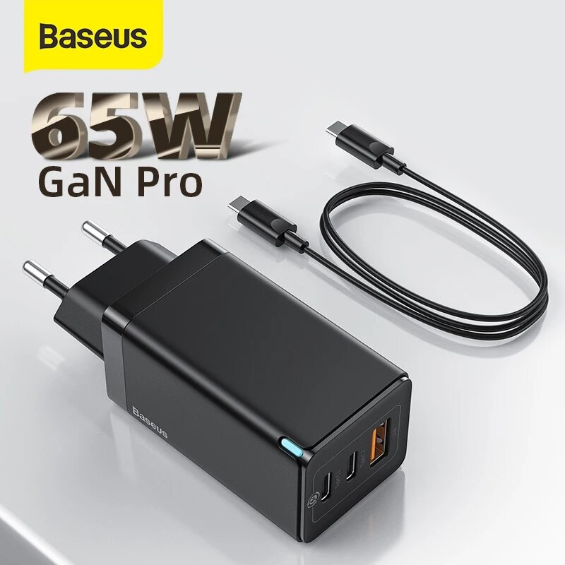 [GaN Tech] Baseus GaN2 Pro 65W3ポートUSBPD充電器デュアル65WUSB-C PD3.0 QC3.0 FCPSCP高速充電壁充電アダプターEUプラグUSプラグ（100W 5A USB-C-USB-Cケーブル付き）