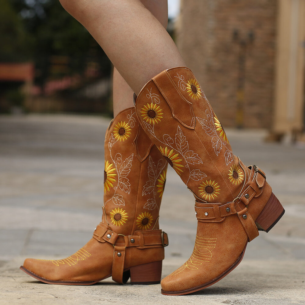 50% OFF on Women Retro Sunflowers Pattern Pointed Toe Chunky Heel Harness Cowboy Boots
