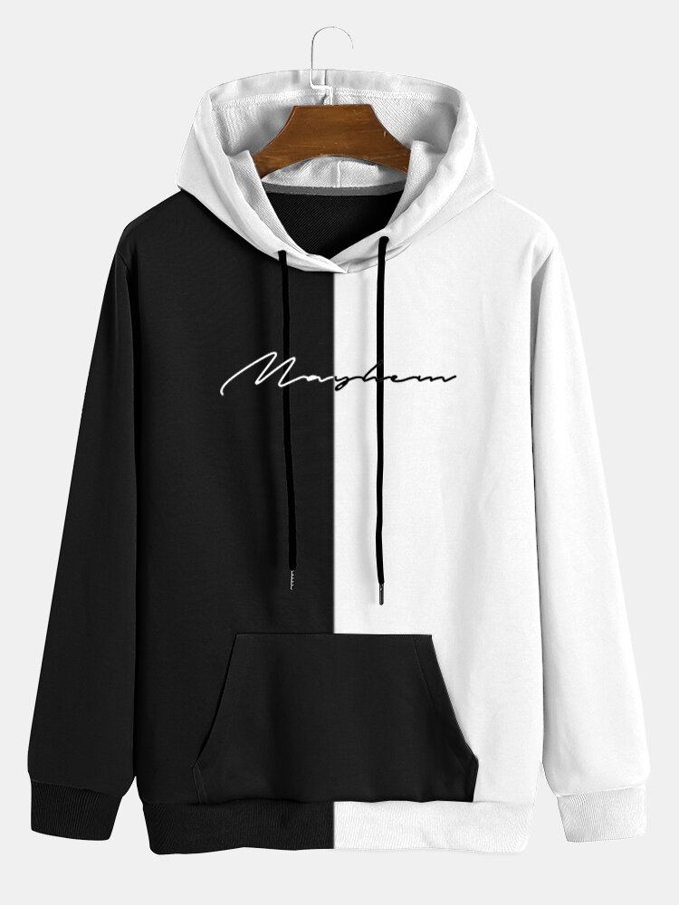 Mens Letter Splicing Black and White Preppy Drawstring Hoodies