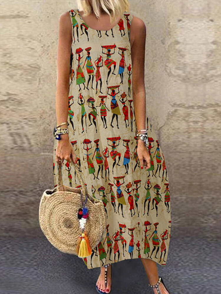 Vrouwen Vintage Tribal Print katoenen mouwloze Boheemse casual jurk