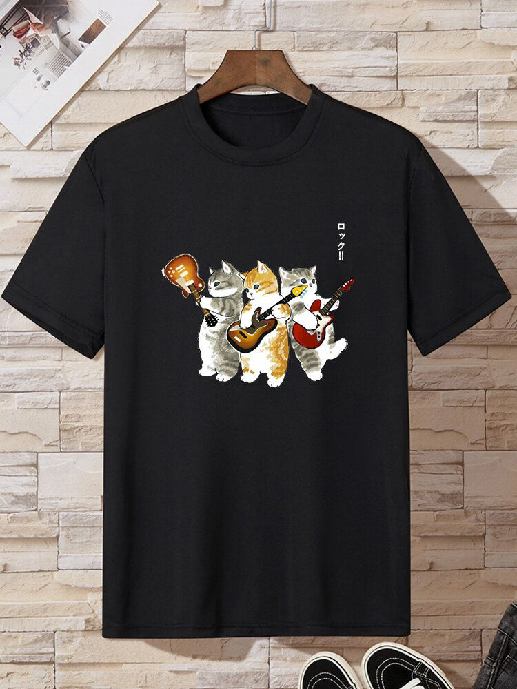 

Mens Japanese Cat Guitar Print Crew Neck Short Sleeve T-Shirts
