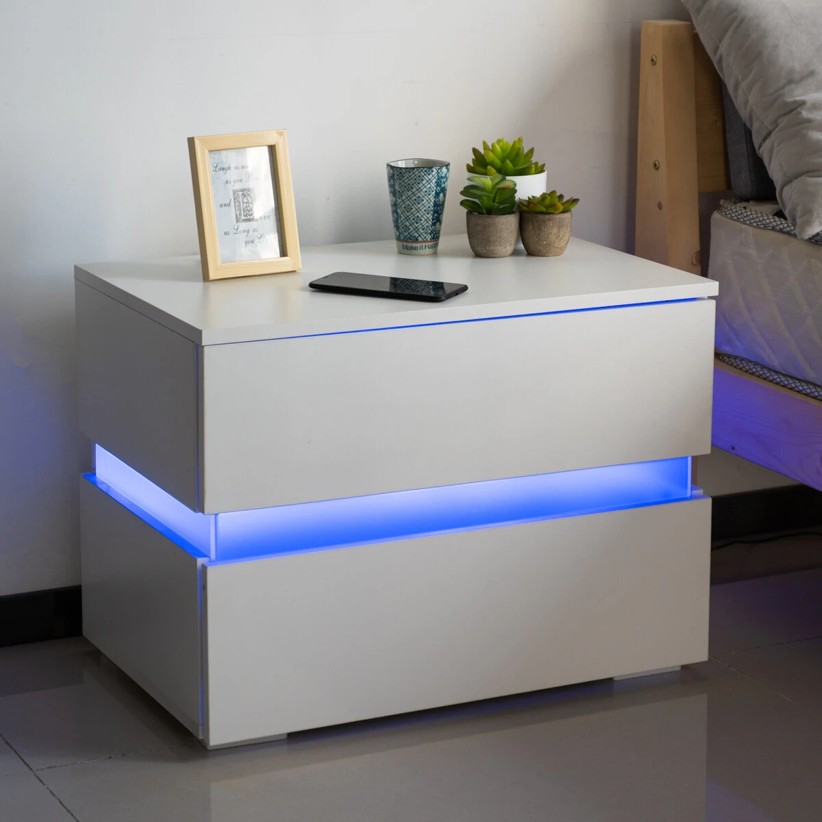 Woodyhome 60*39*45cm High Gloss LED Light Nightstands w 2 Drawers Modern Bedside File Cabinet Holder Chest Table for Home Office