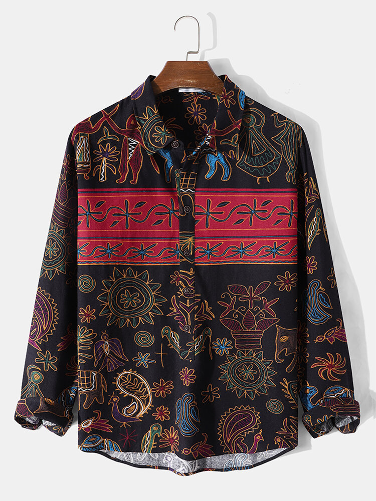 

Мужские рубашки из 100% хлопка Пейсли с абстрактными растениями Винтаж с длинным рукавом Кнопки