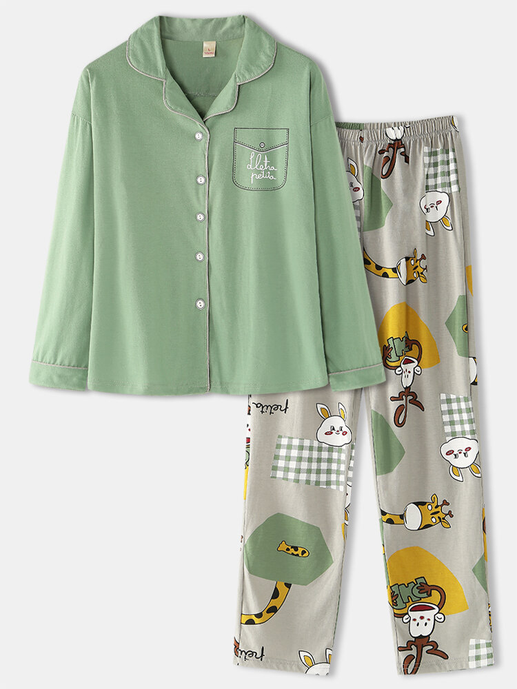 

Женский мультяшный принт Рубашка Эластичный поясной карман Брюки Домашний пижамный комплект