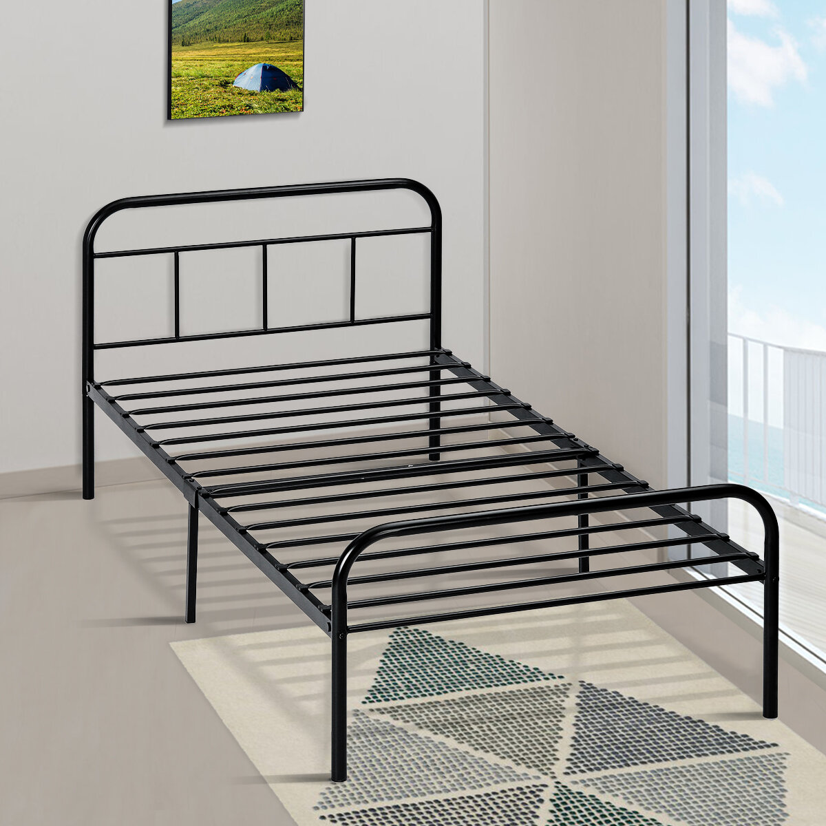 Lusimo Twin Size Bed Frame Foldable Black MetalPlatform Bed FrameMax Bearing 300KG 77.6''x39.4''x32.3''