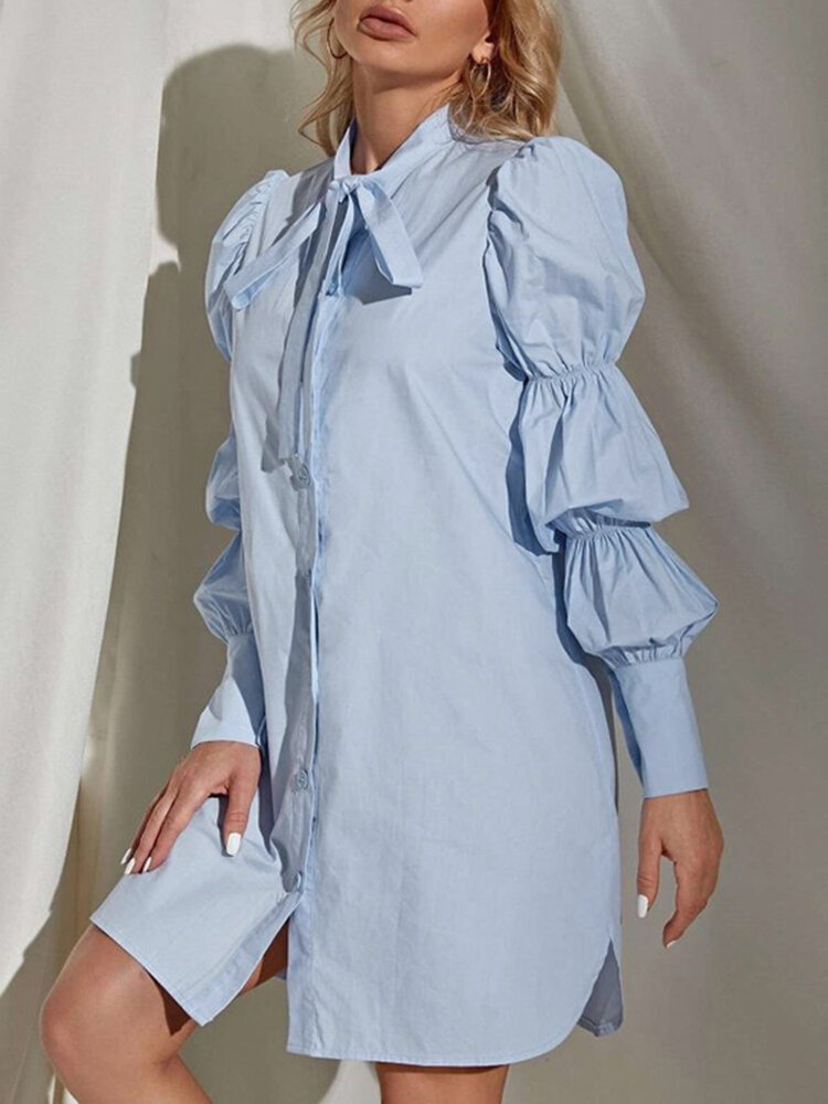 Solid Color Stand Color Puff Sleeve Button Urban Style Pleated Shirt Dress