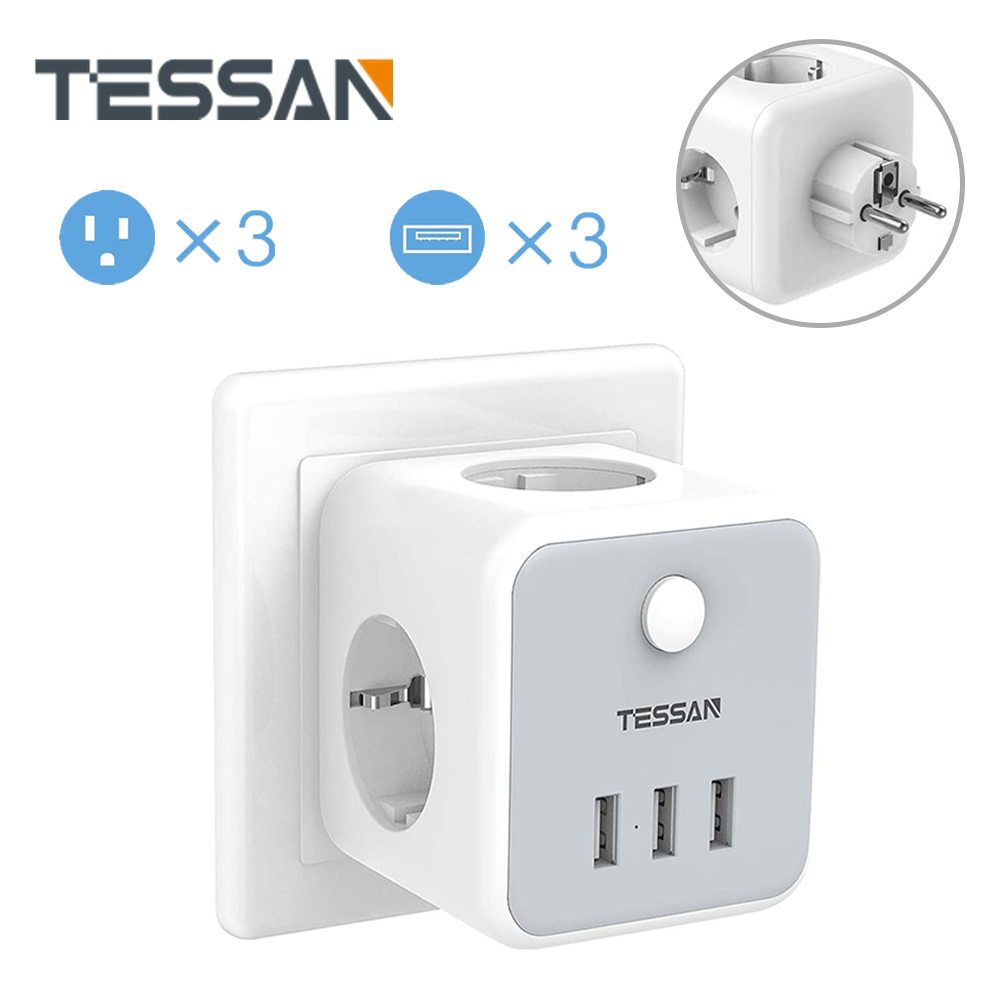 TESSAN TS-301-DE 6-in-1 Wireless German / EU مقبس حائط القوة قطاع مع 3 منافذ تيار متردد / 3 USB شاحن محول مقبس حماية من