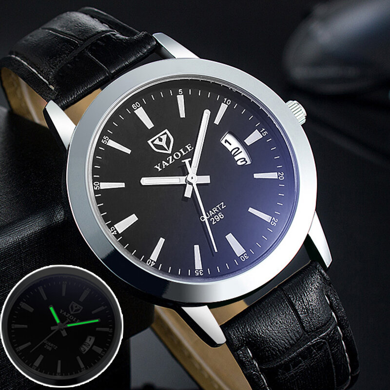 

YAZOLE 296 Simple Calendar Luminous Display Business Men Waterproof Leather Strap Quartz Watch