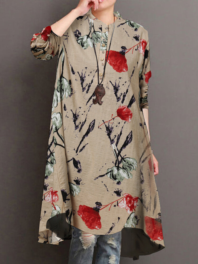Dames midi-shirtjurk met bloemenprint, hoge lage zoom en lange mouwen