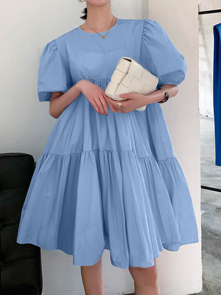 Puff Sleeve Leisure Pleating Solid Summer Dress For Women