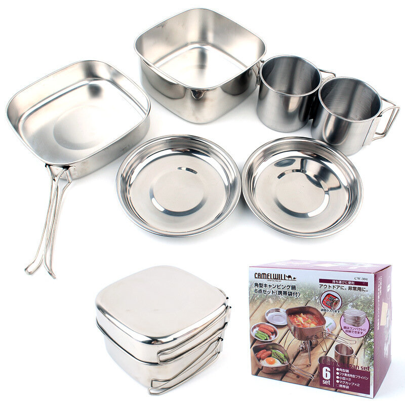 al aire libre Picnic Pot Pan Kit de acero inoxidable vajilla Placa Bowl Cup Pan cubierta de cámping cocina