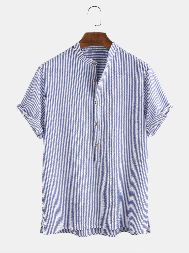 Image of Herren Casual Cotton Striped Print Freizeit Loose Collar Kurzarm Henley Shirts