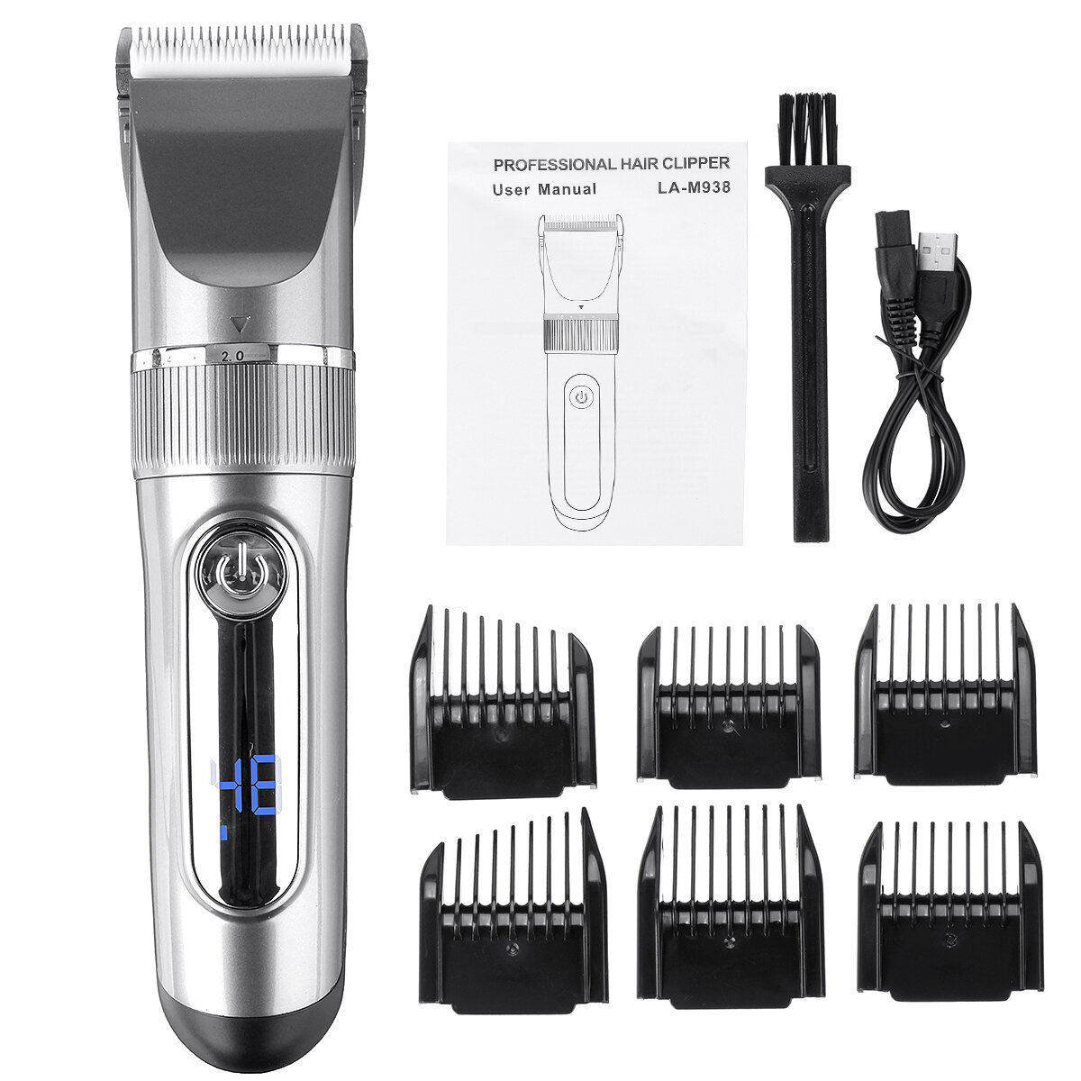 

Men's Electric Digital display Hair Clipper USB Rechargeable Hair Shaver W/ 6 Limit Combs