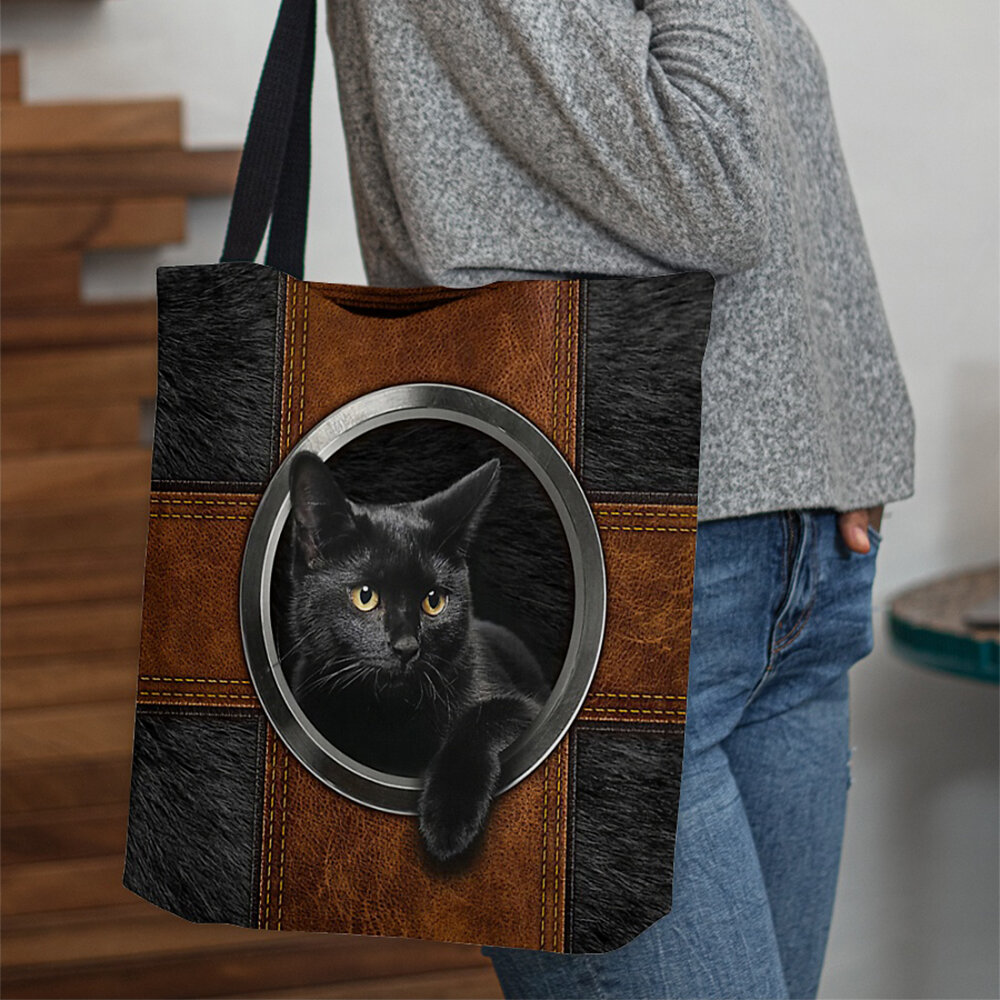 Women Canvas Cute Cartoon Black Cat Print Handbag Tote Shoulder Bag