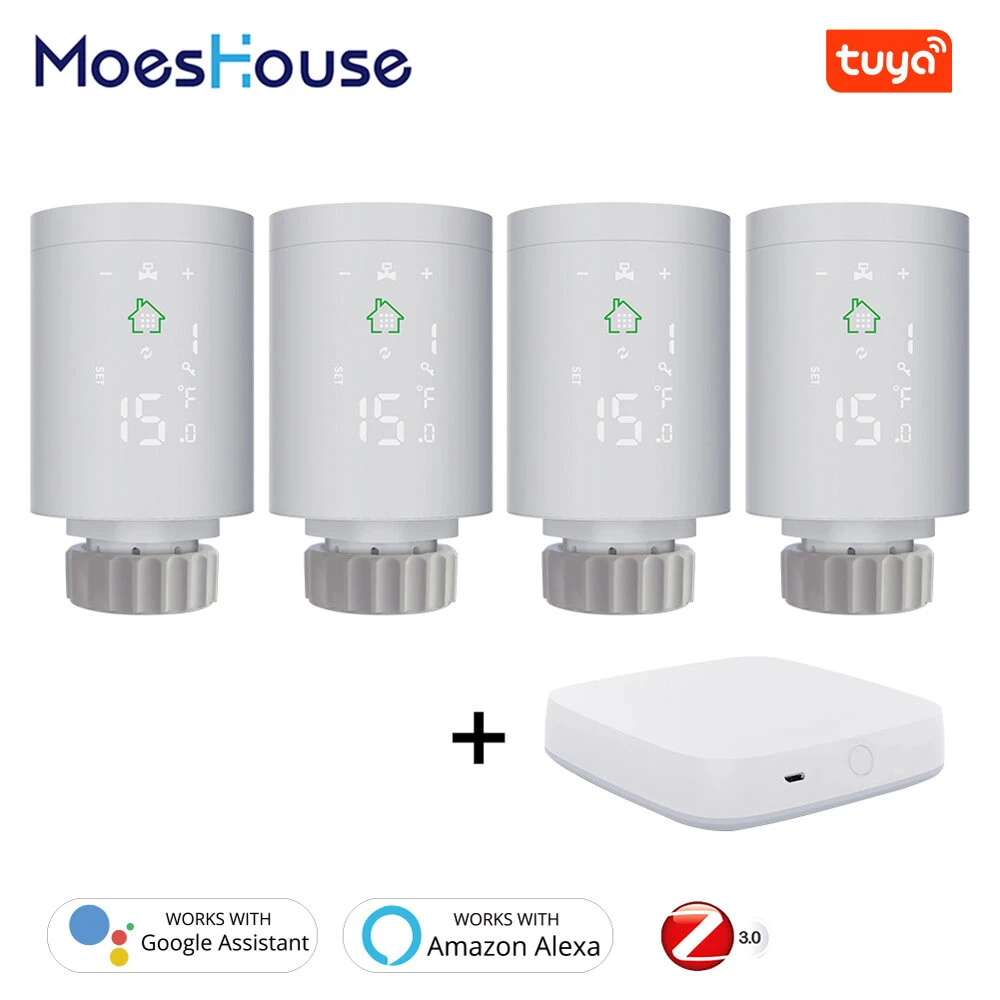 Moeshouse Tuya ZigBee3.0 Smart Radiator Actuator Programmable Thermostatic Radiator Valve Temperature Controller Voice Control via Alexa - Wireless Gateway+1pcs Valve Controller