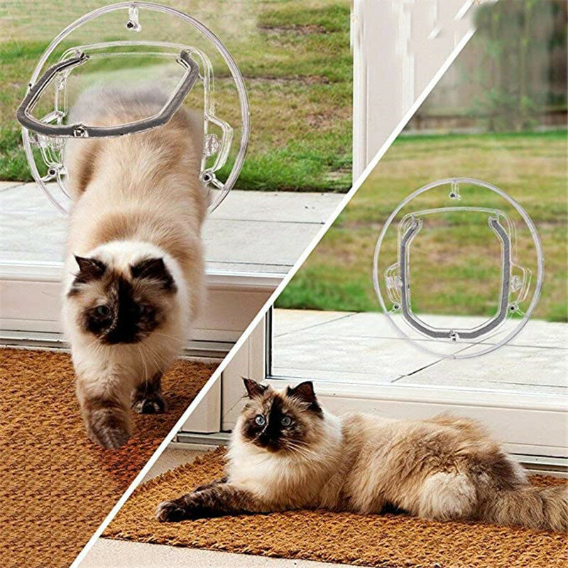 Cat Gate 4 Ways Round Transparent Household Lockable Security Dog Door Pet Entrance Glass Window Puppy Hole Door for Cat