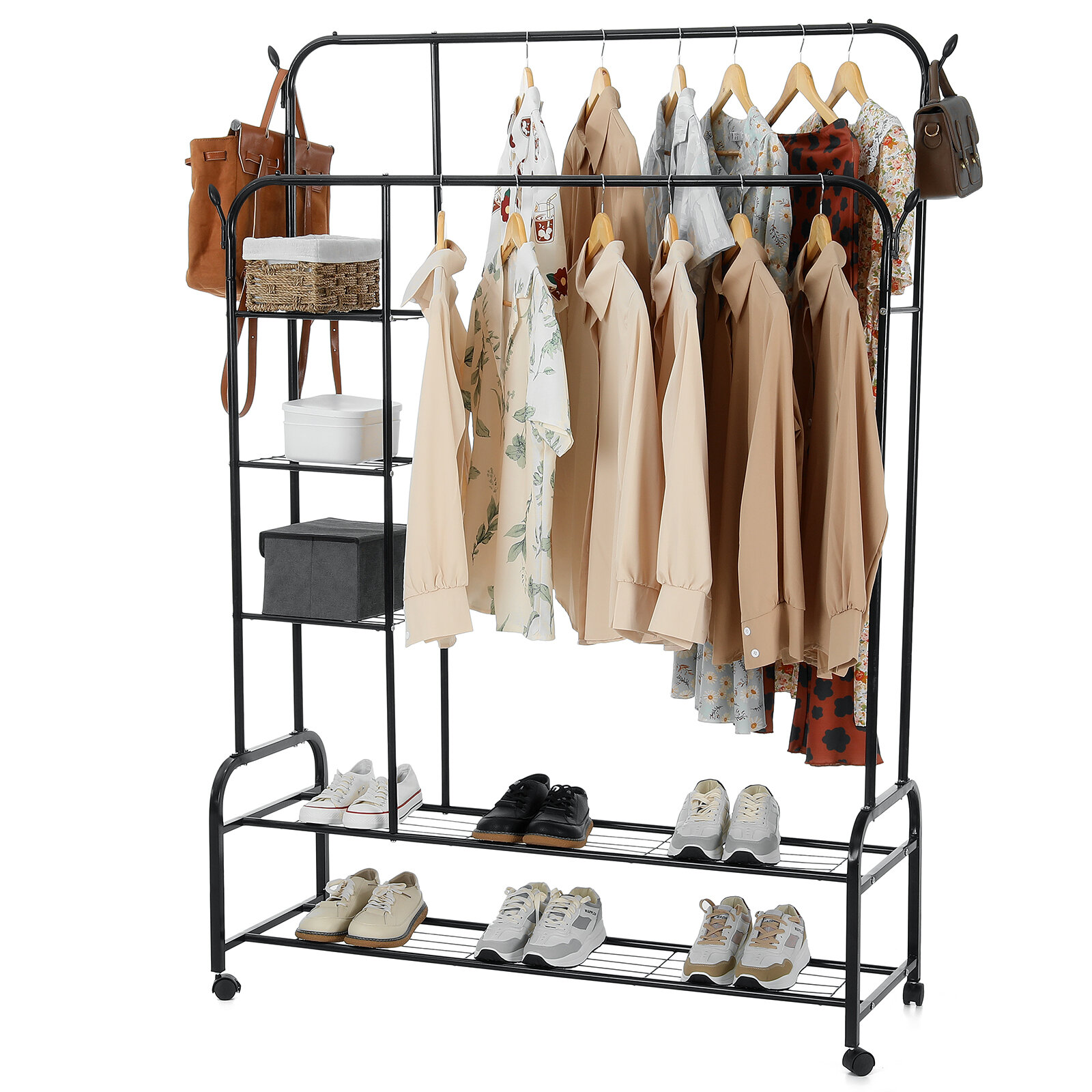 

HONEIER Double Rods Clothes Rack Clothing Rack with Wheels 2-Tier Shoes Rack 3-Tier Shelves Garment Rack for Hanging Clo