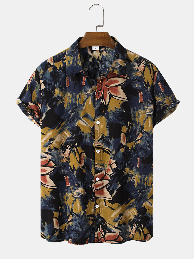 Heren overhemd met korte mouwen en vintage abstracte print met bloemenprint