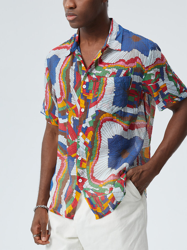 Mens Abstract Colorful Geometric Print Lapel Short Sleeve Shirts