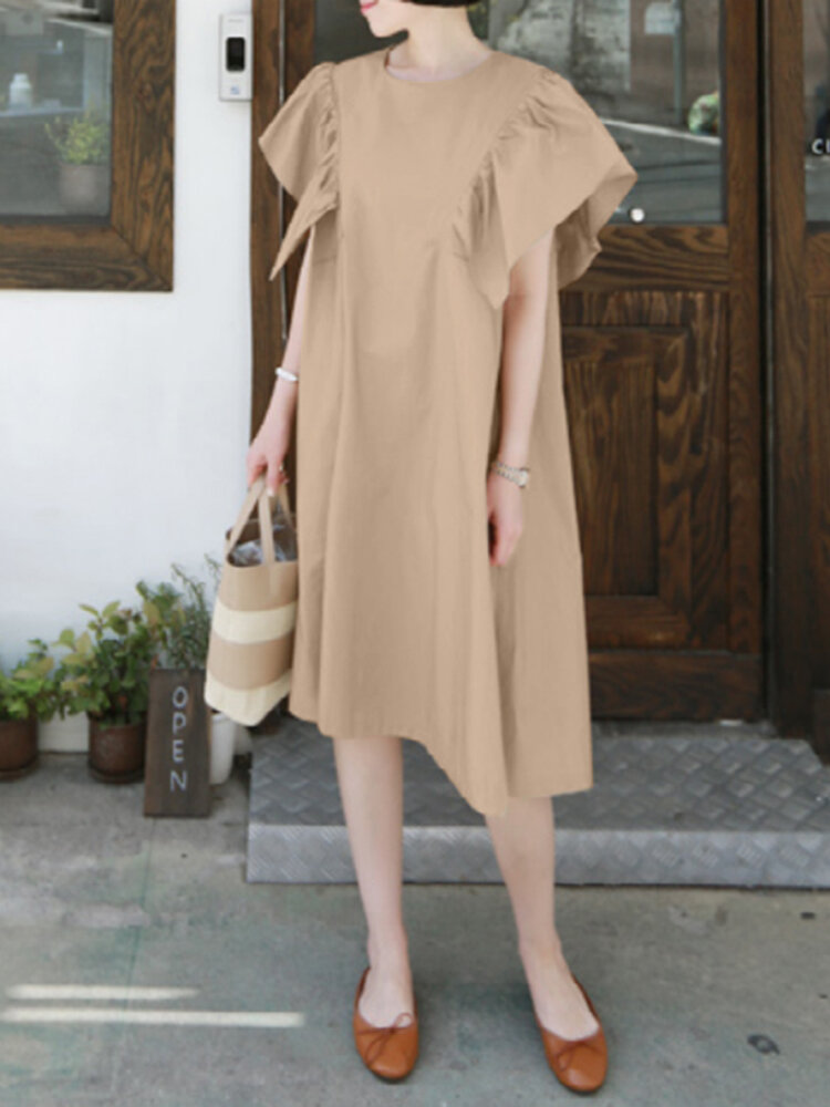 100% Cotton Loose Ruffles Solid Dress
