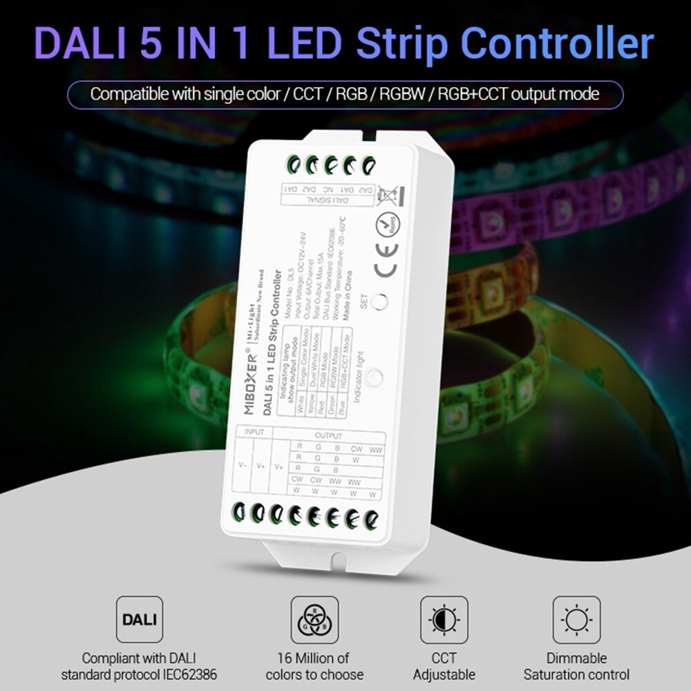 MiBOXER DL5 5 IN 1 LED Strip Controller Common Anode Compatible with remote control/DALI Bus Power Supply DC12-24V