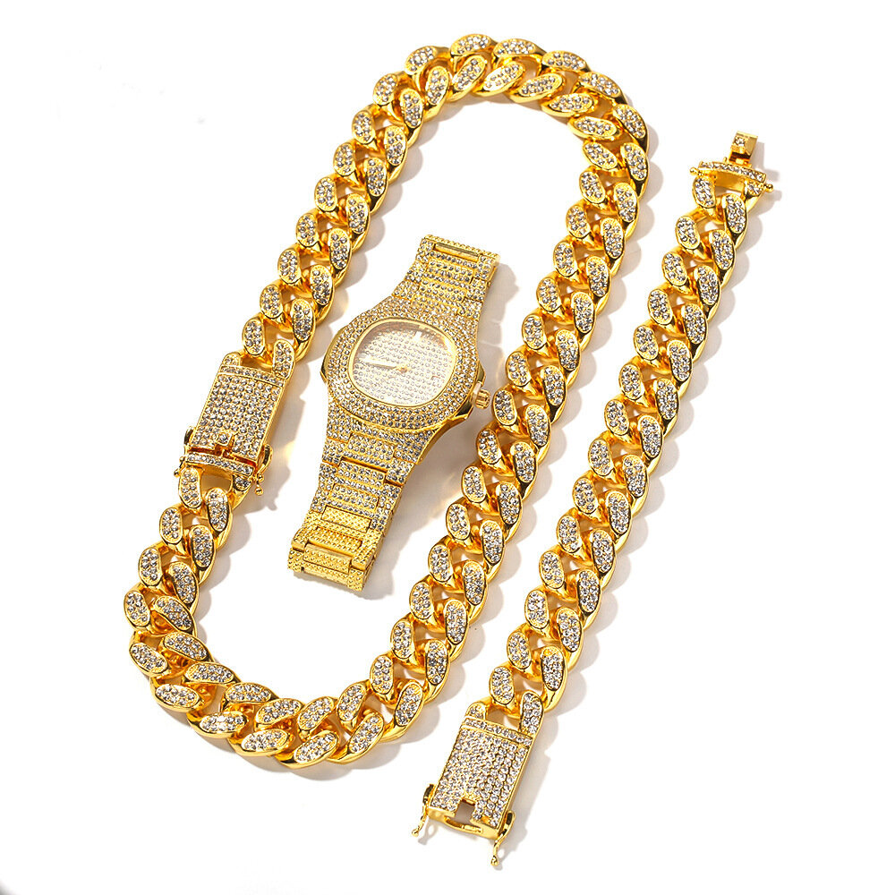 1/3 Pcs Luxury Inlaid Rhinestones Men Watch Set Hip Hop Chain Necklace Bracelet