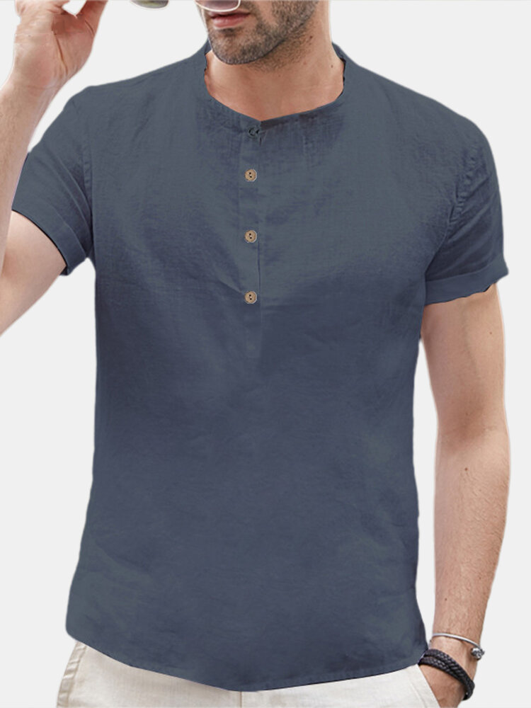 Heren Retro effen linnen katoenen shirts Casual Zomer Soft Cool Tops Blouse T-shirt US