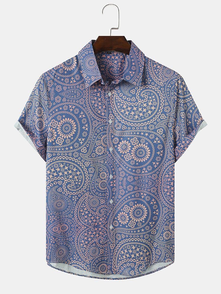 Men Paisley Print Buttons Up Soft Curved Hem Short Sleeve Shirts