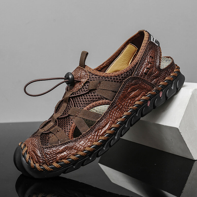 

Men Cowhide Mesh Breathable Closed Toe Non-slip Soft Casual Outdoor Sandals