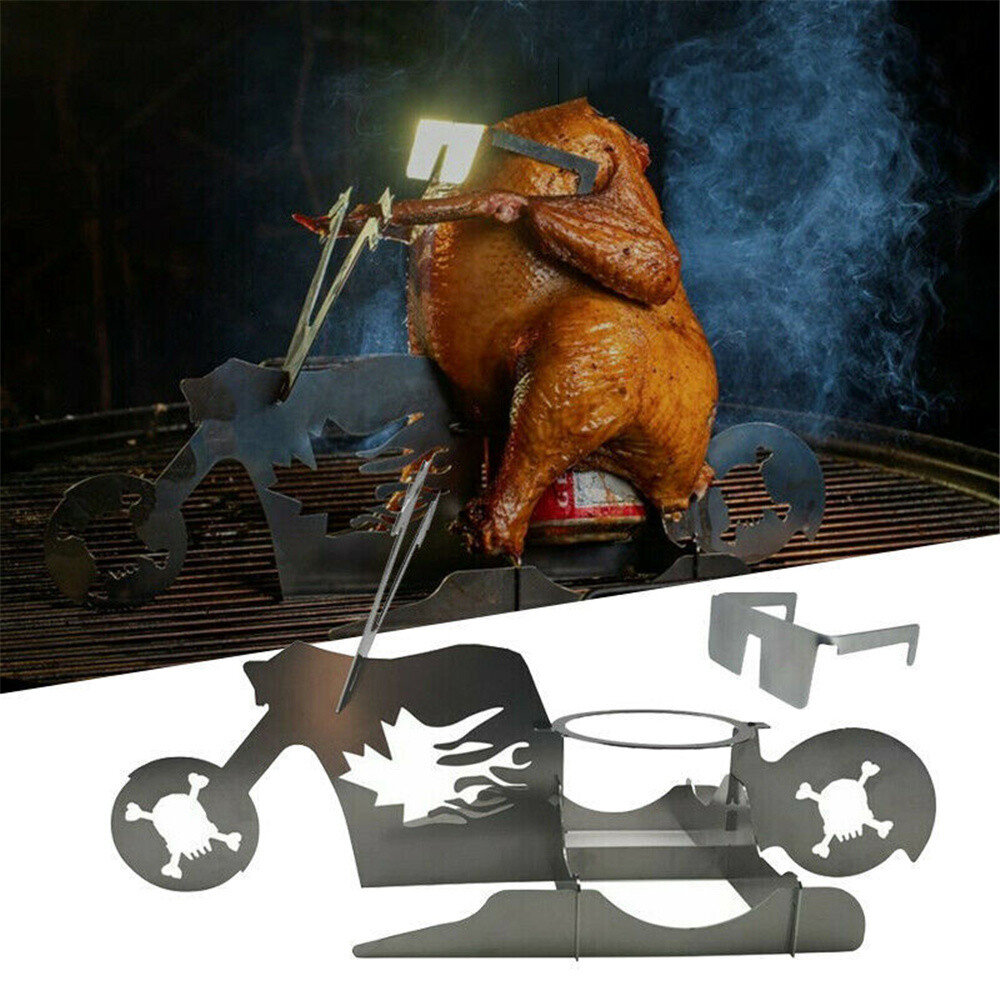 raagbare kippenroosterrek barbecue grill oven kip eend houder motorfietsvorm BBQ roestvrij staal gereedschap.