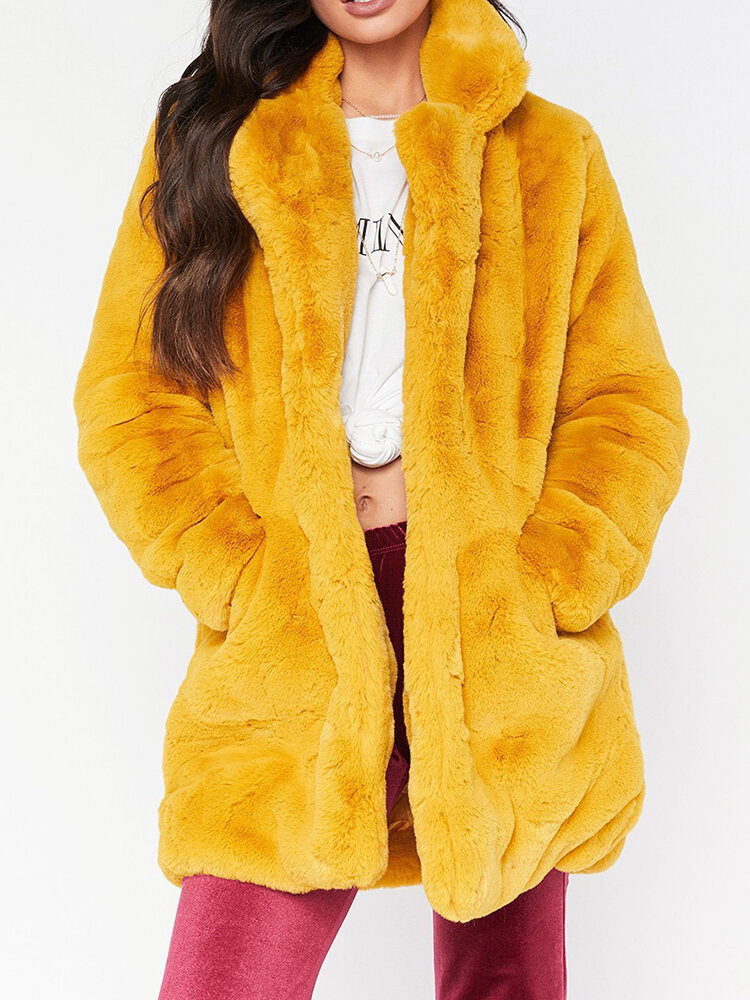 

Plus Size Elegant Fluffy Solid Color Pockets Thick Coats
