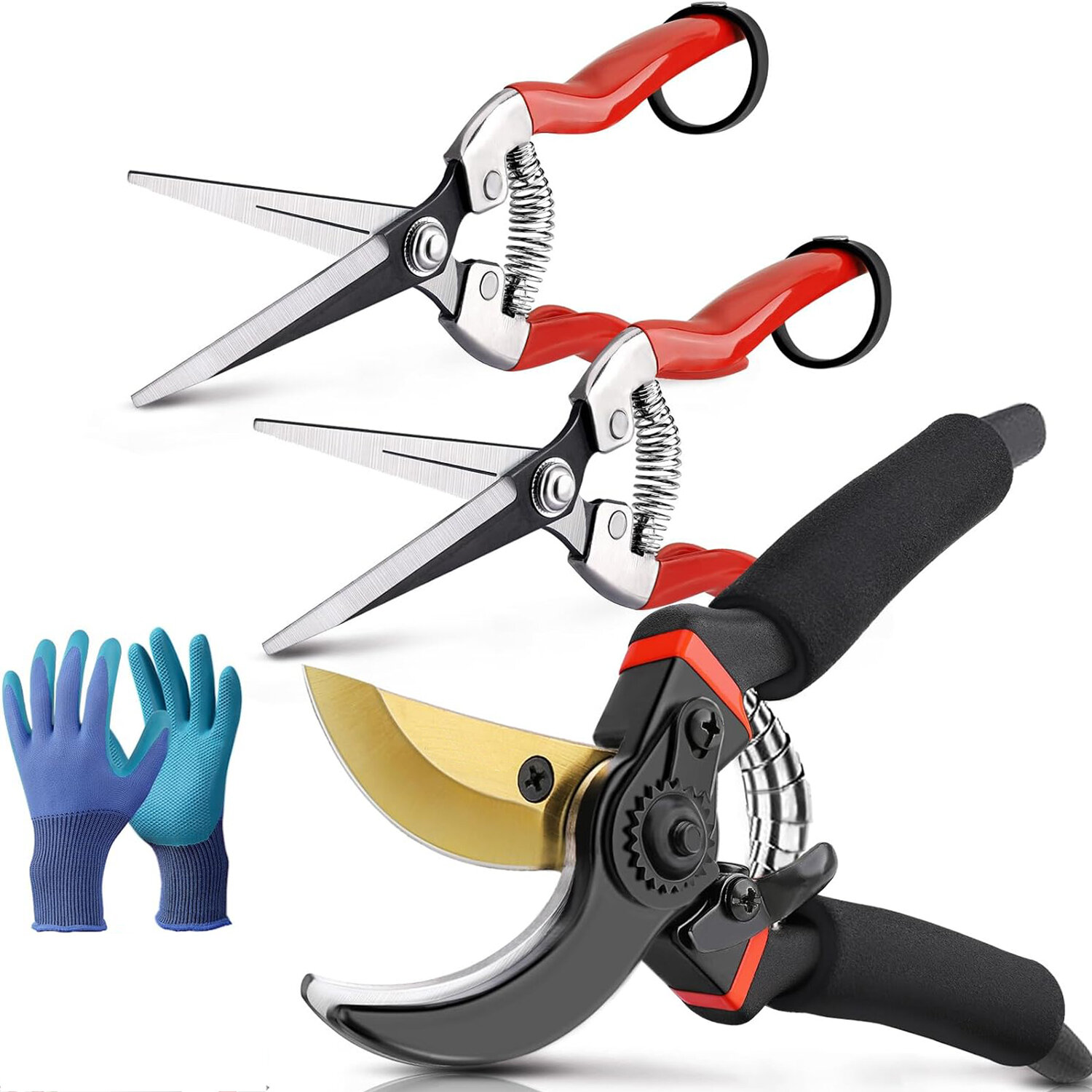 3PCS Professional Garden Secateurs Pruning Kit Stainless Steel Blades Ergonomic Handles Safety Lock Hand Protection Glov