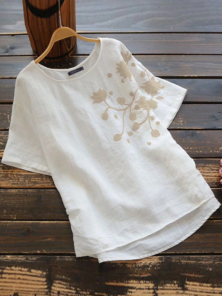 Women cotton pure color embroidered o-neck short sleeve blouse