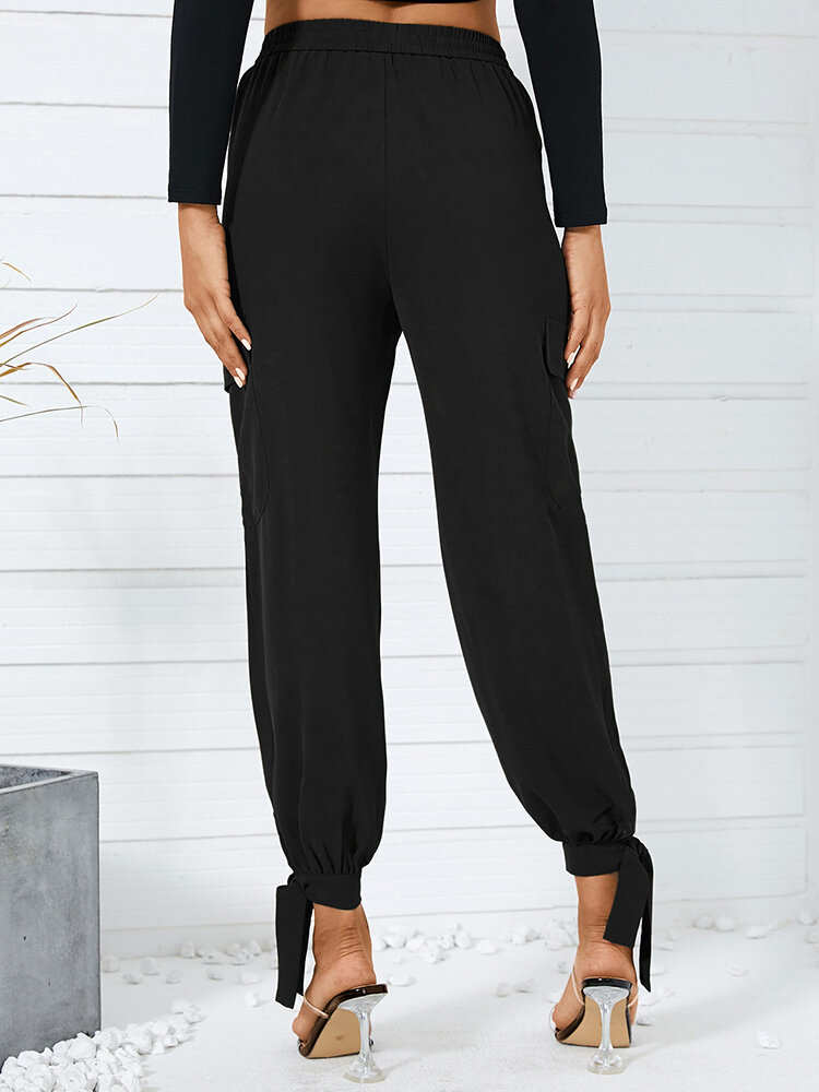 Women Solid Color Casual High Waist Jogger Pants With Pocket