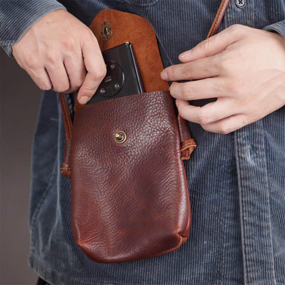 Men Genuine Leather Hasp 6.5 Inch Phone Bag Portable Waterproof Crossbody Bag Shoulder Bag