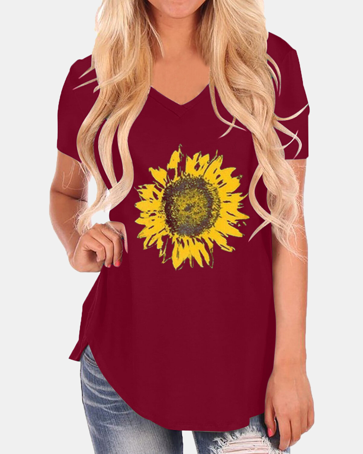 Sunflowers Print V-neck Short Sleeves Casual Loose Irregular Hem T-shirts