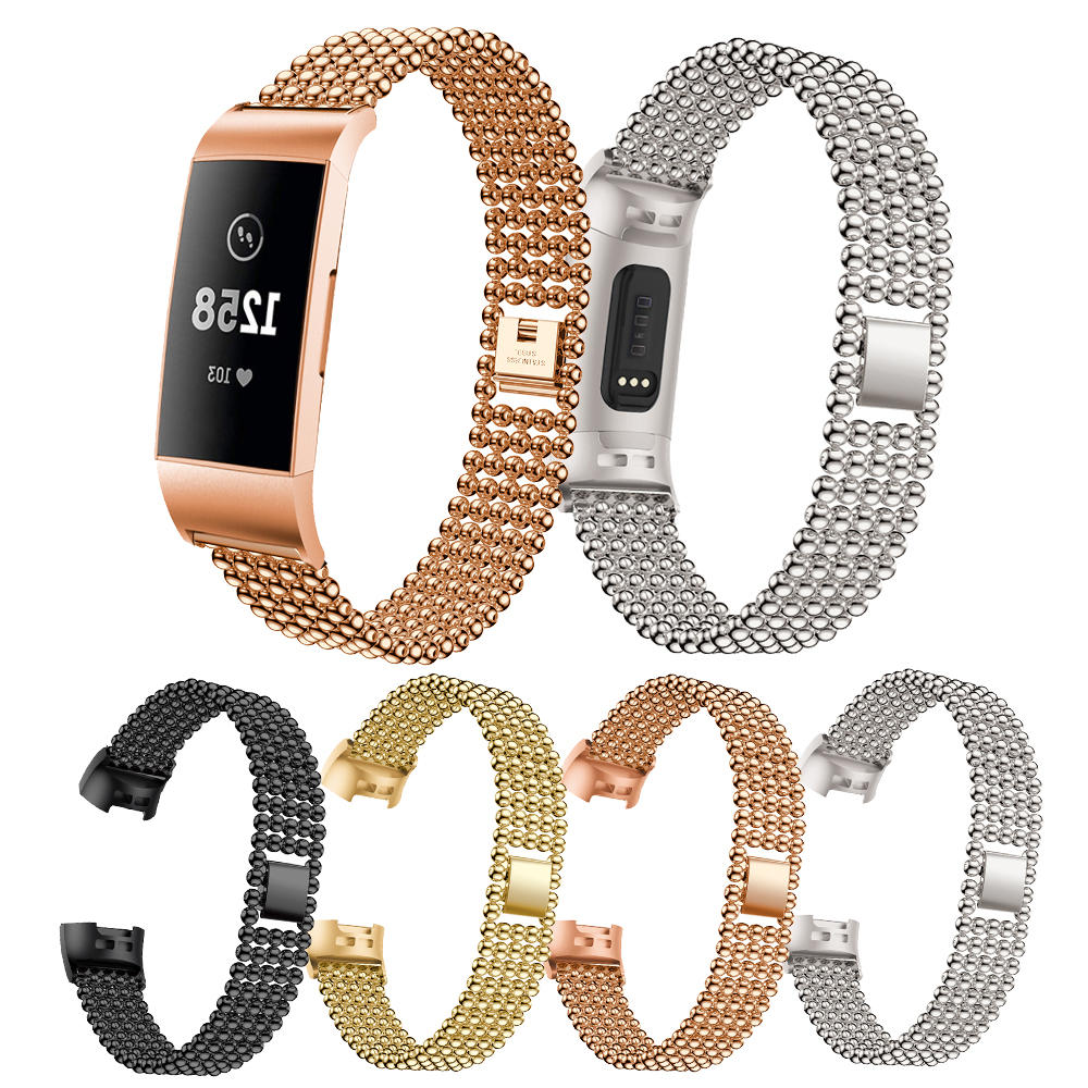 Bakeey Five Beads Round Solid Stainless Steel horlogeband voor Fitbit charge 3 Smart Watch