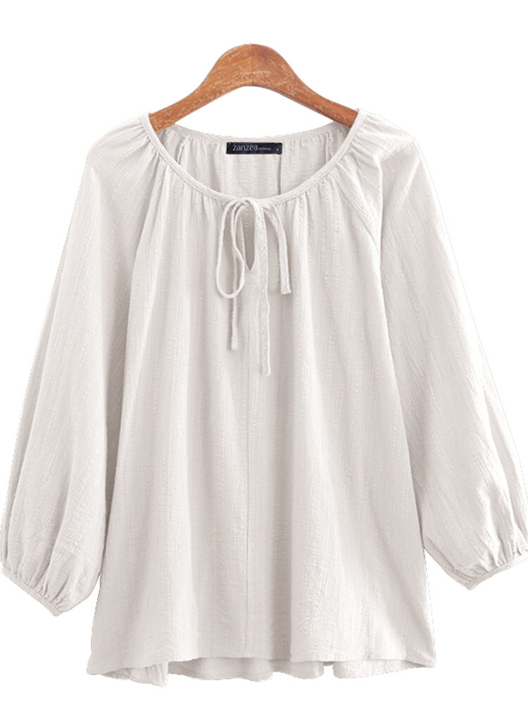 Puff Sleeve O-neck Drawstring Pleated Solid Cotton Blouse