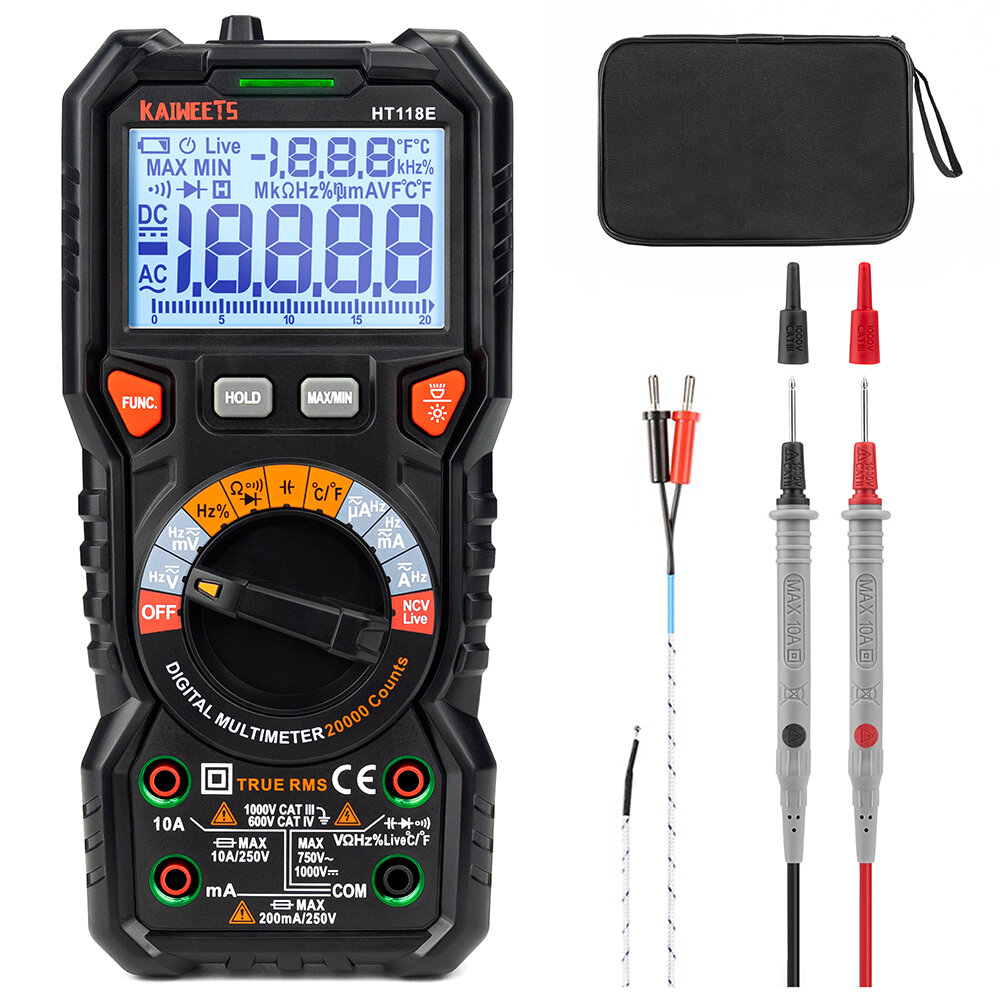

EU US Direct KAIWEETS HT118E Digital AC/DC Multimeter TRMS 20000 Counts High Resolution with Flashlight True RMS CAT IV