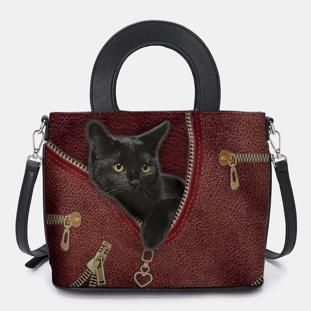 Women Faux Leather Cartoon Black Cat Pattern Multi-carry Handbag Crossbody Bag Satchel Bag