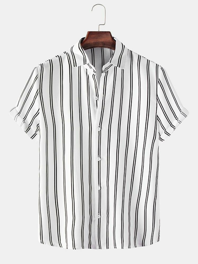 Casual Mens Vertical Stripes Button Up Short Sleeve Shirts