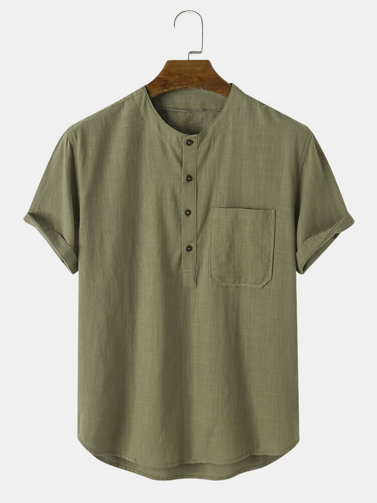 Men Cotton Solid Color Breathable Chest Pocket Round Neck Leisure Shirts