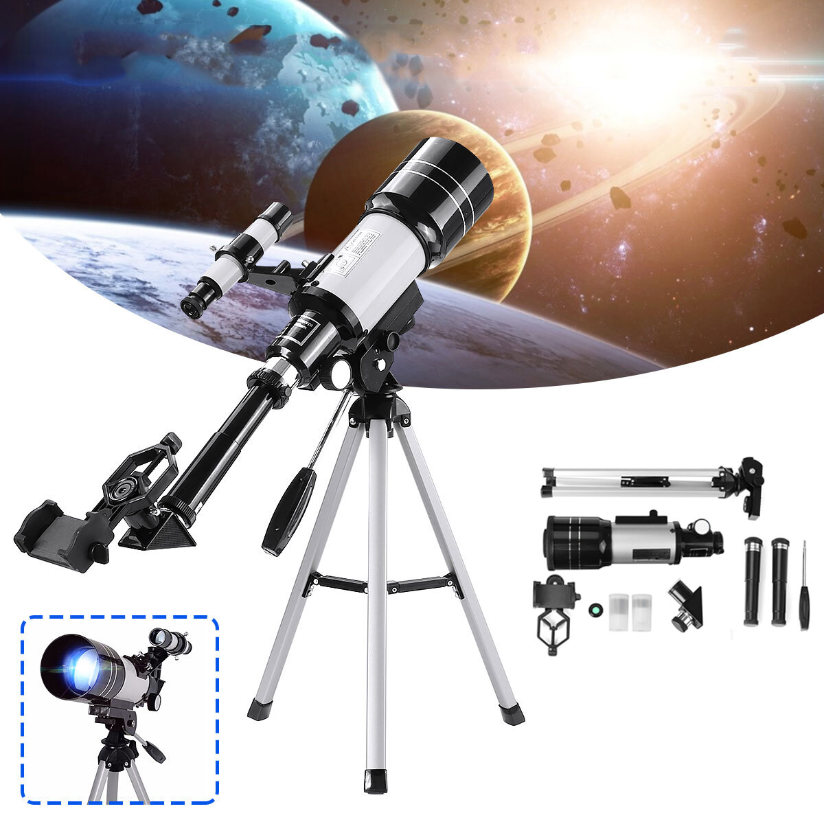 150X天体望遠鏡70mm屈折望遠鏡三脚電話アダプター付き高倍率単眼
