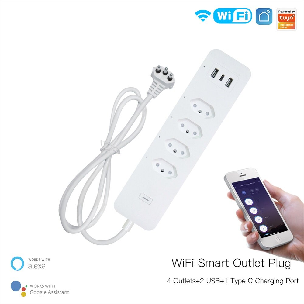 110-240V Tuya Smart Wifi Brazil Standard Socket 4 Outlets + 2 USB Charging Port + 1 Type-C App Remot