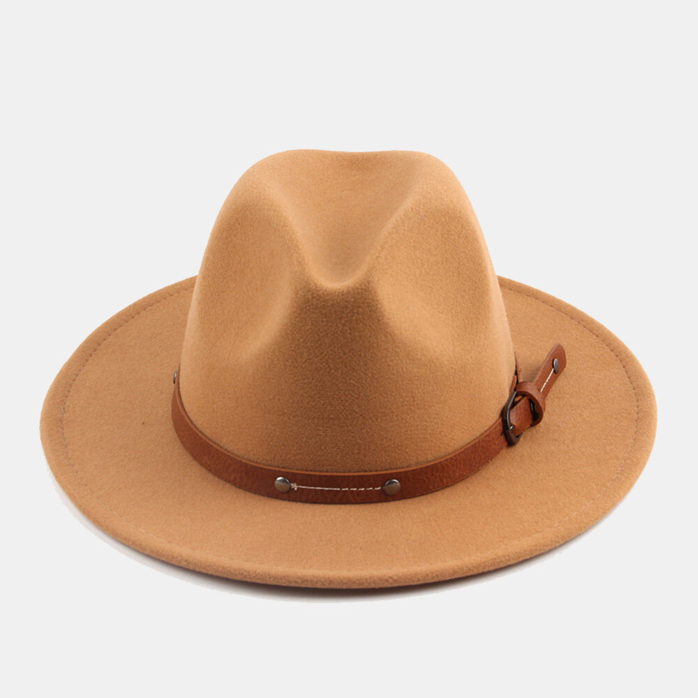 Unisex Britse stijl lederen riem gesp platte rand hoge hoed mode outdoor brede rand vilten hoed