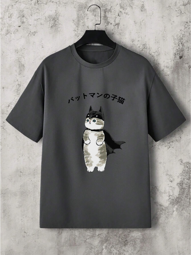 

Mens Japanese Cartoon Cat Print Crew Neck Short Sleeve T-Shirts
